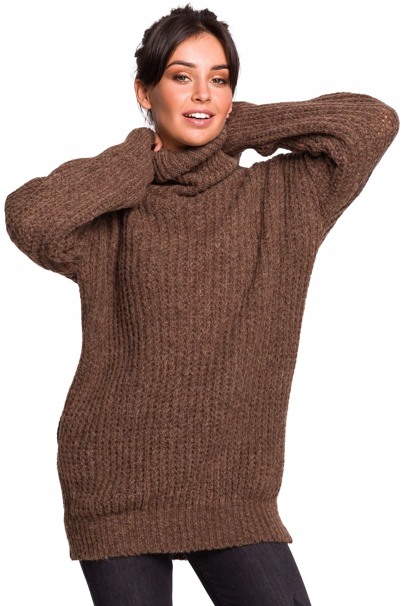 

BK030 Długi Sweter Z Golfem -s/m- Brązowy Be Knit