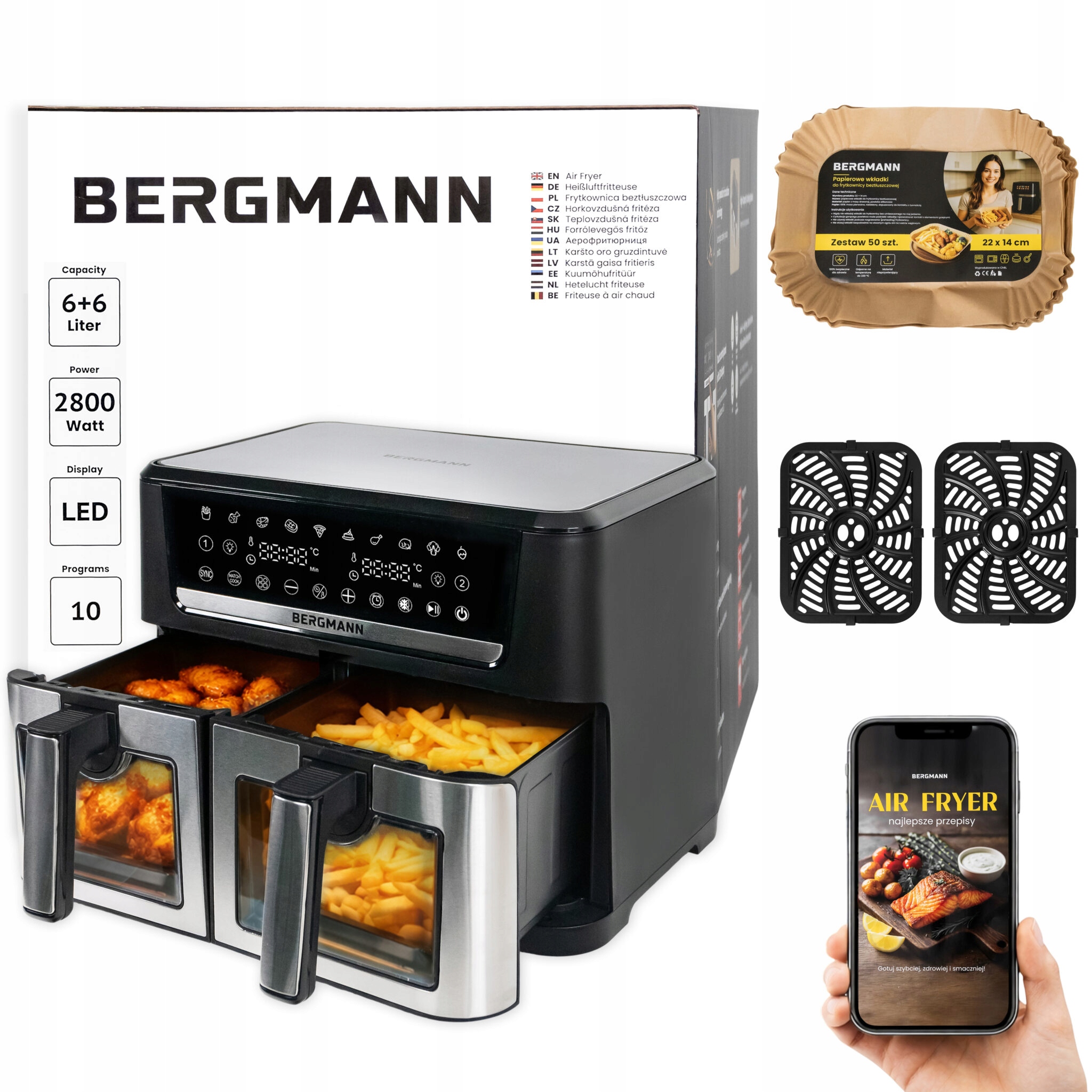 Fritéza beztuková dvoukomorová 12L Air Fryer Bergmann 10 Programů