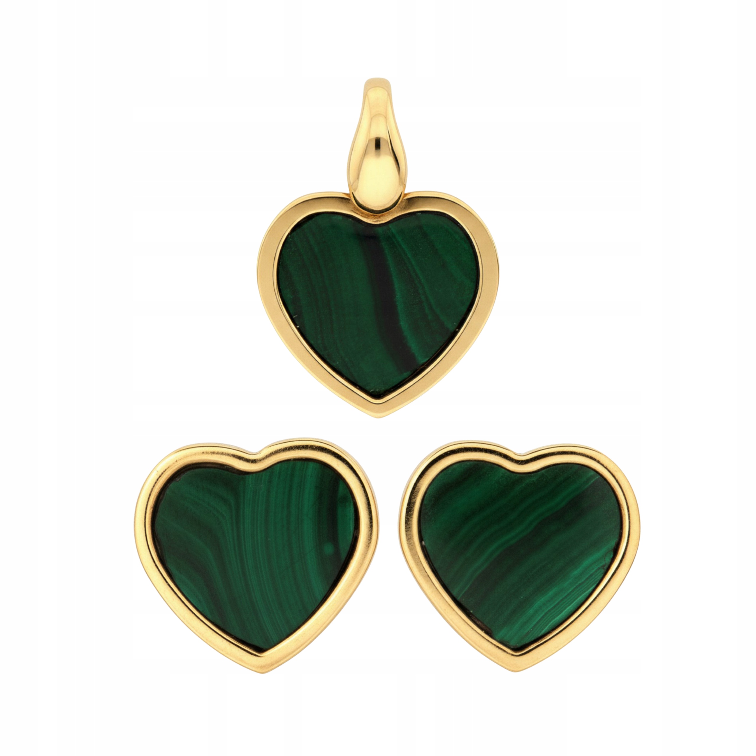 Zlatý komplet 585 srdce se zeleným syntetickým malachitem na Valentýna