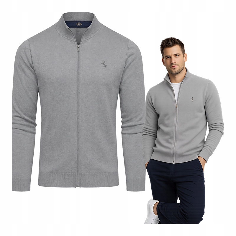 Sweter męski rozpinany na stójce na suwak bawełniany szary XXL