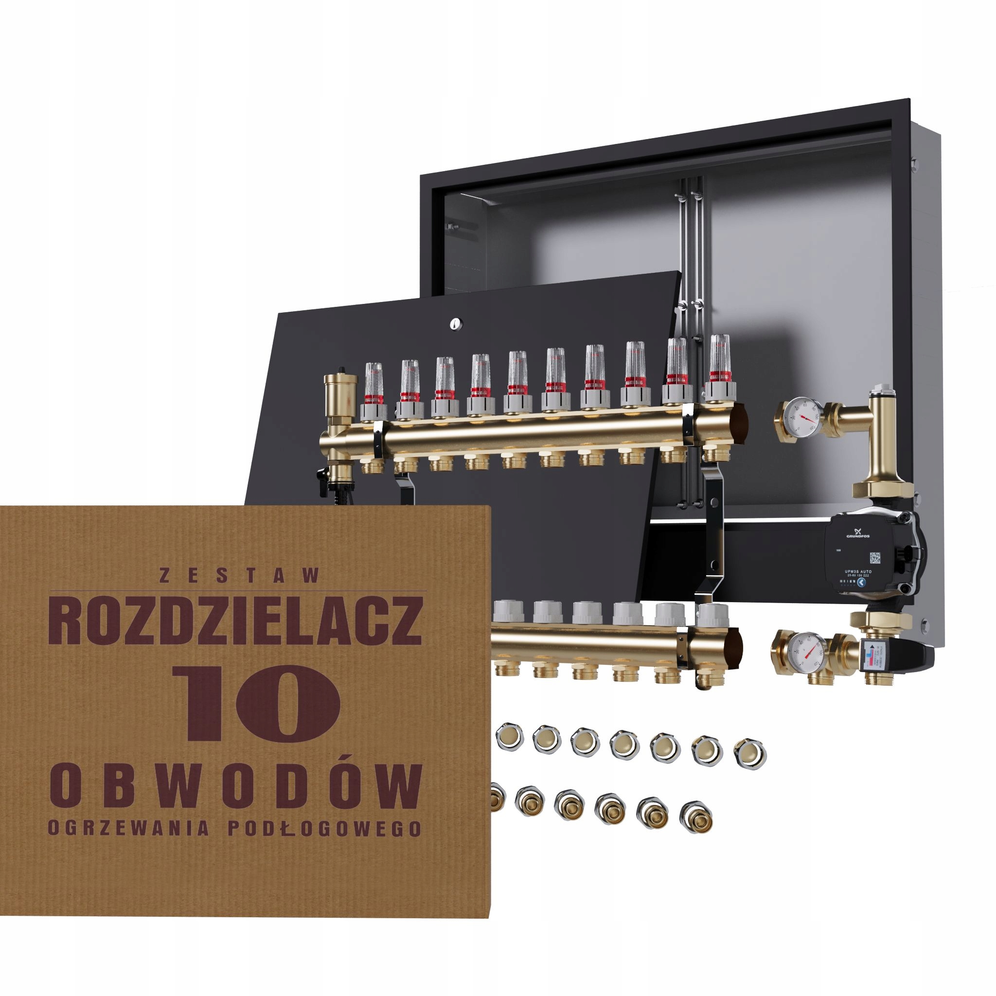 Rozdělovač pro podlahovku 10 čerpadlo Grundfos podomítková skříňka černá +pex