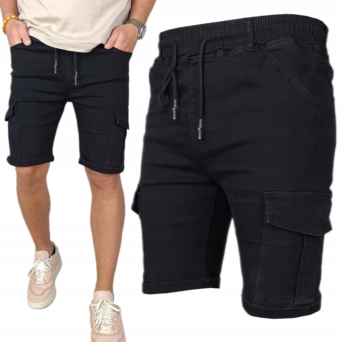 Spodenki męskie Czarne Jeansowe Bojówki krótkie spodnie Pas z Gumką M