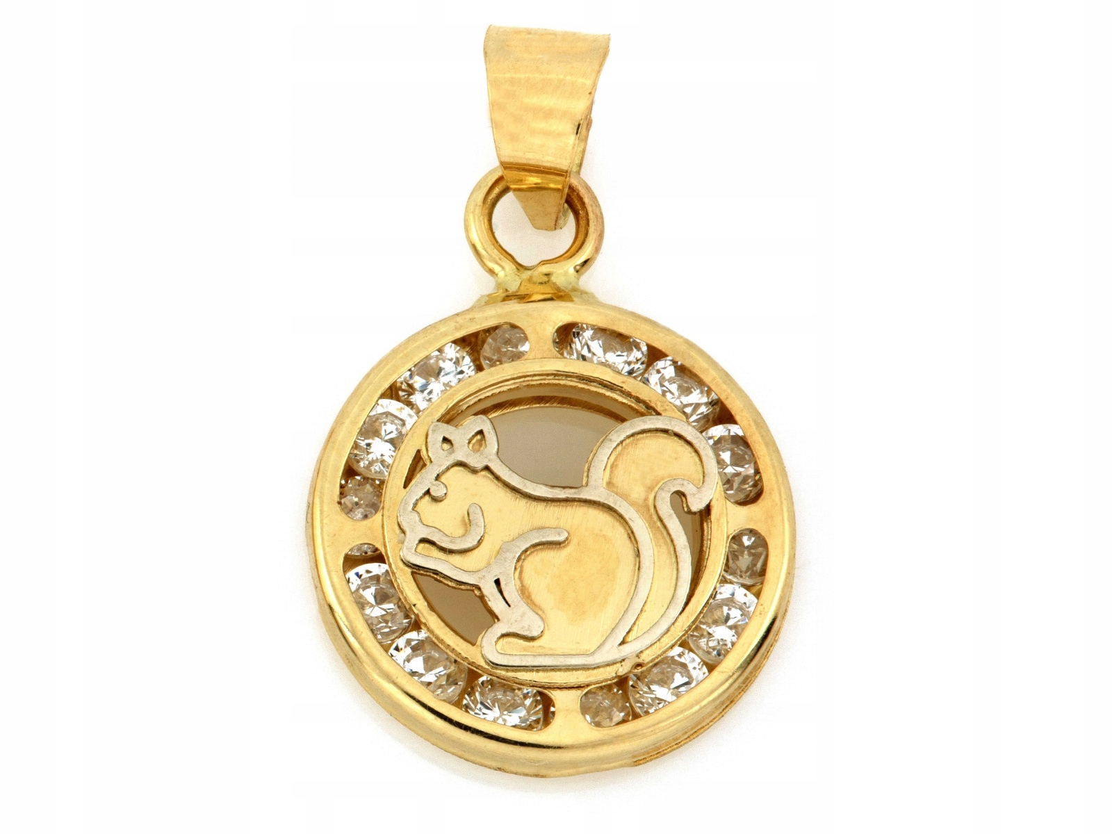 Zlatý přívěsek 585 kulatý s veverkou a bílými zirkony 0.75 g