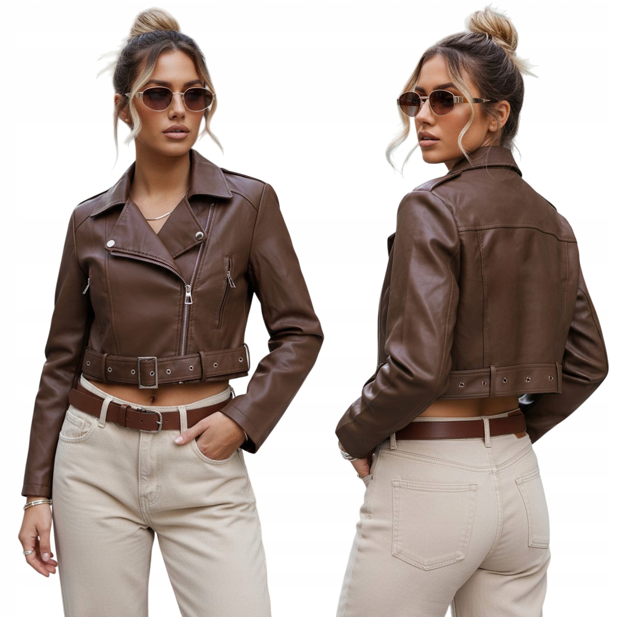 Krótka kurtka damska skórzana ramoneska brązowa TY5672 S