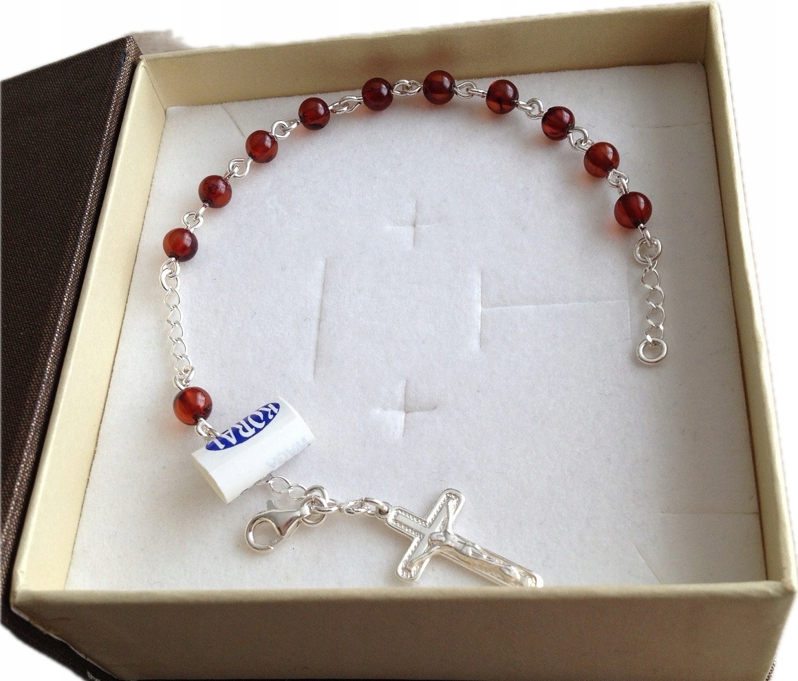 Srebrna 925 Bransoletka z Bursztynem Różaniec Dziesiątka (na Prezent)