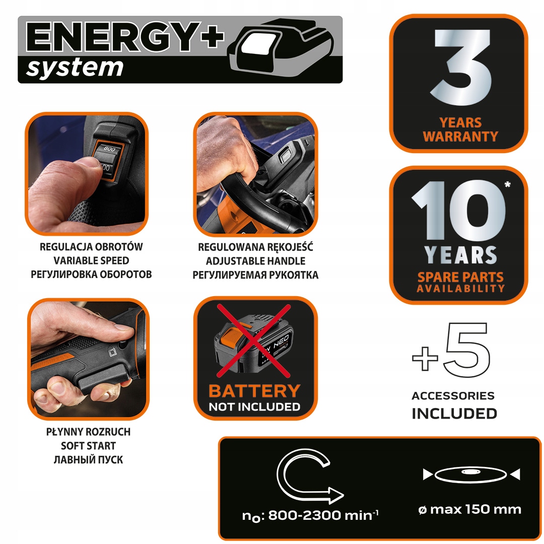 Polerka akumulatorowa bezszczotkowa Energy+ 18V, Li-lon, M14 150 mm, 800-23 Moc 0 W