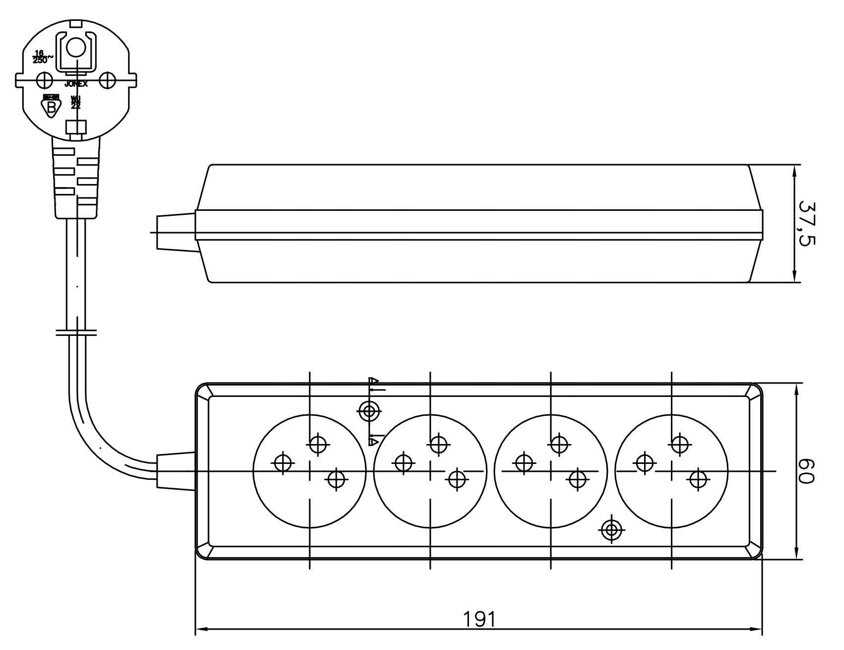 Przedłużacz poczwórny z uziemieniem 5m czarny Materiał izolacji polwinit