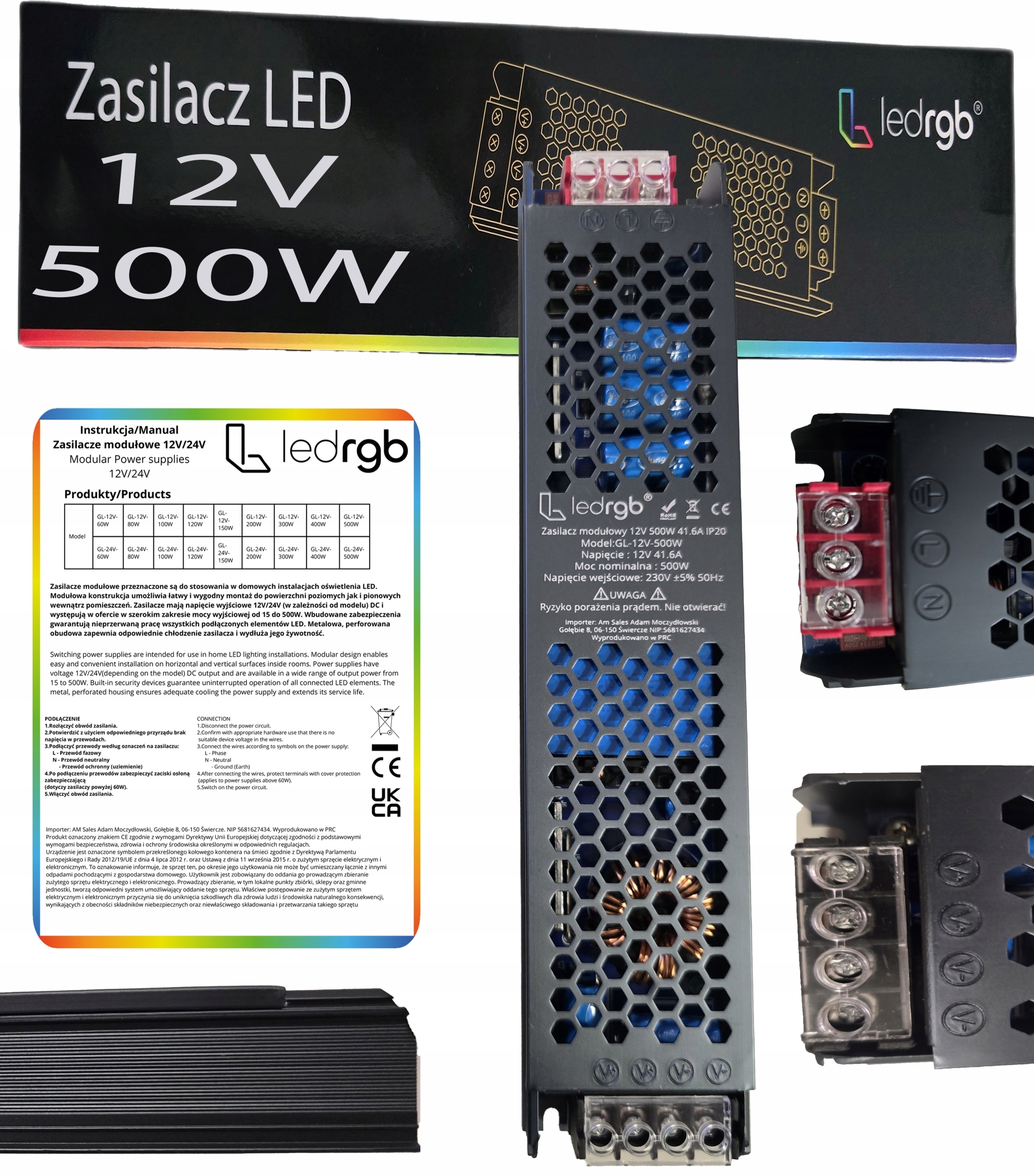 Montážní napájecí zdroj 12V 41.6A 500W Premium pro Led modulární Ac DC Slim Silný