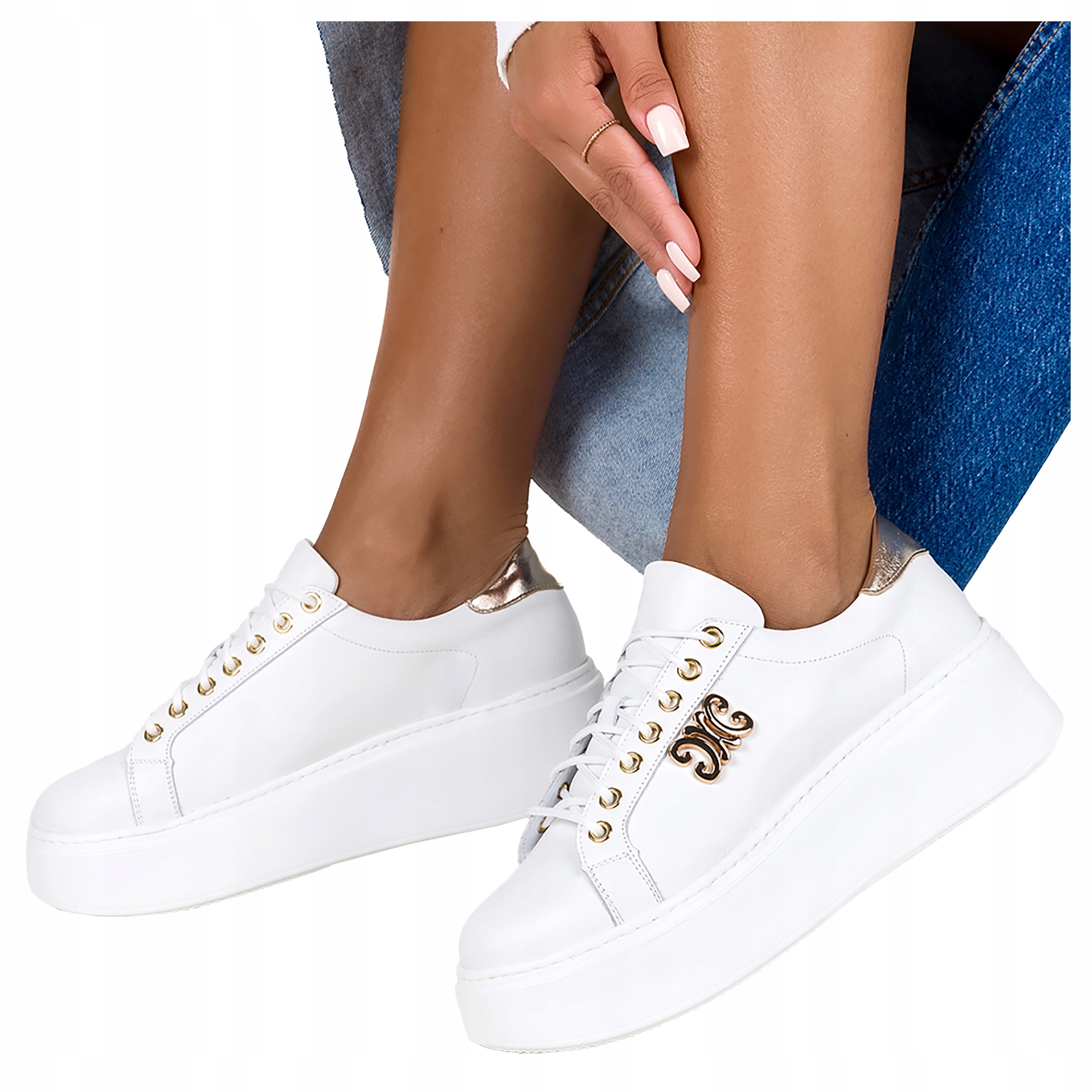 Bílé Kožené Tenisky Dámské Pohodlné Šněrovací S Ozdobou Platforma vel 40