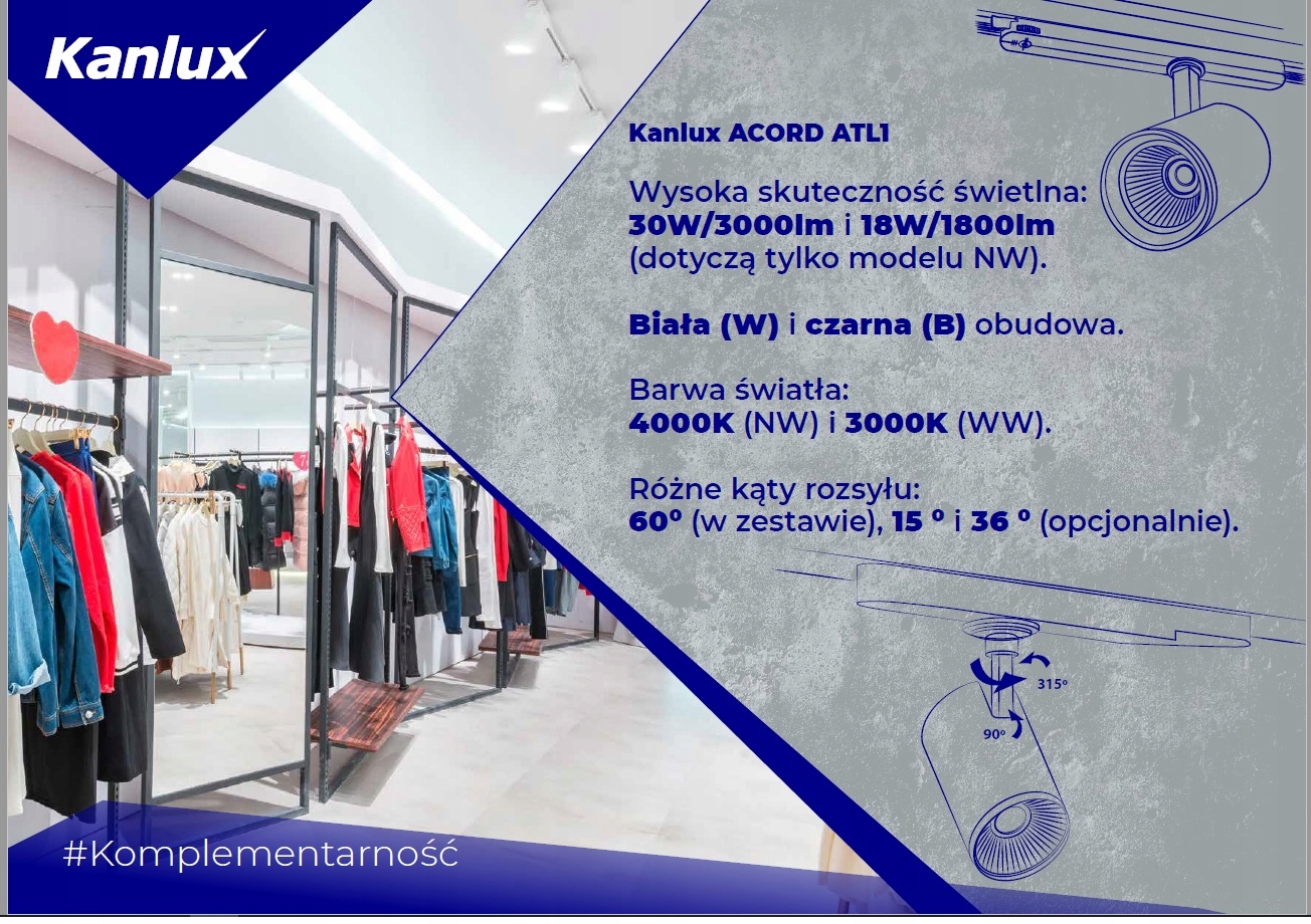 Projektor na szynę Kanlux ATL1 18W-930-S6-B LED Liczba punktów światła 1