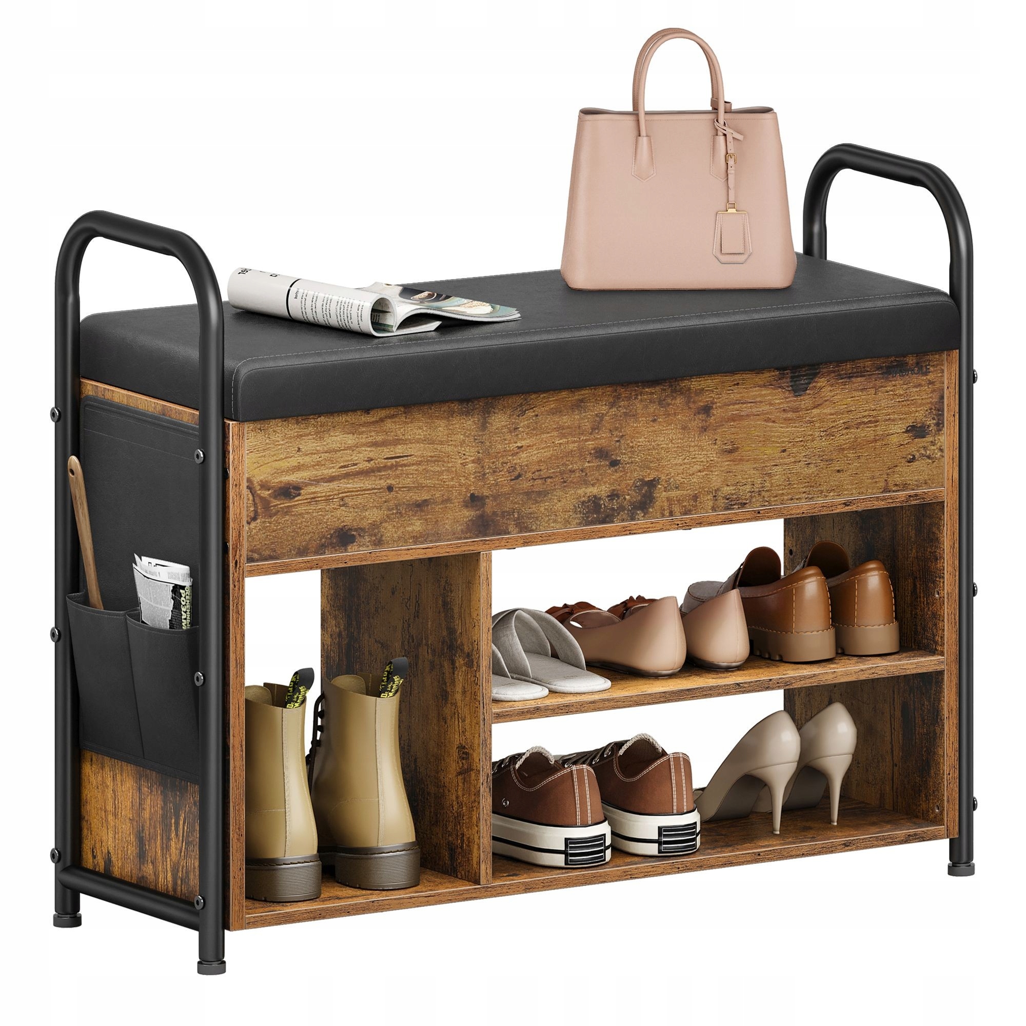 Praktická skrinka na topánky s mäkkým sedadlom a úložným priestorom pod krytom