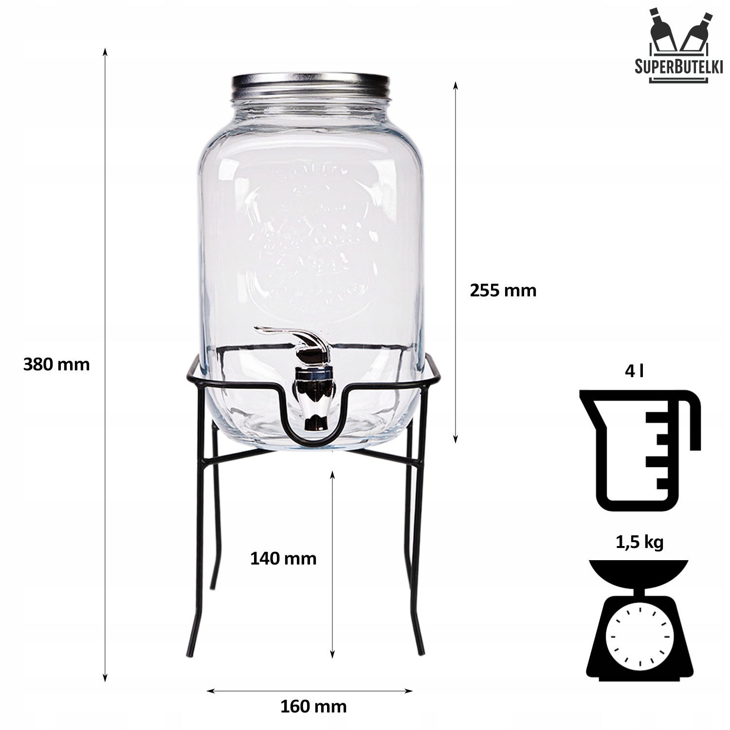 Słój 4 L na napoje soki wodę lemoniadę mrożoną herbatę z kranikiem +STOJAK Materiał wykonania szkło