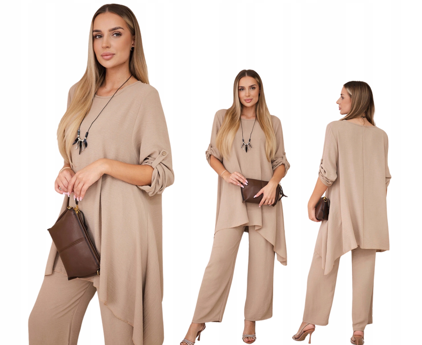 Cappuccino komplet damski z naszyjnikiem: Tunika i luźne spodnie