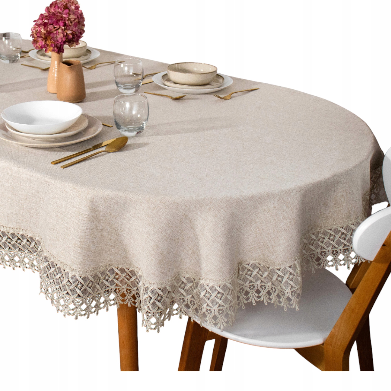 Obrus Owalny gładki Beżowy gipiura 130x180 Owal imitacja Len koronka