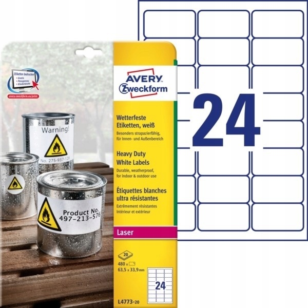 Etikety A4 Avery Heavy Duty 63,5*33,9 mm Bílé (20)