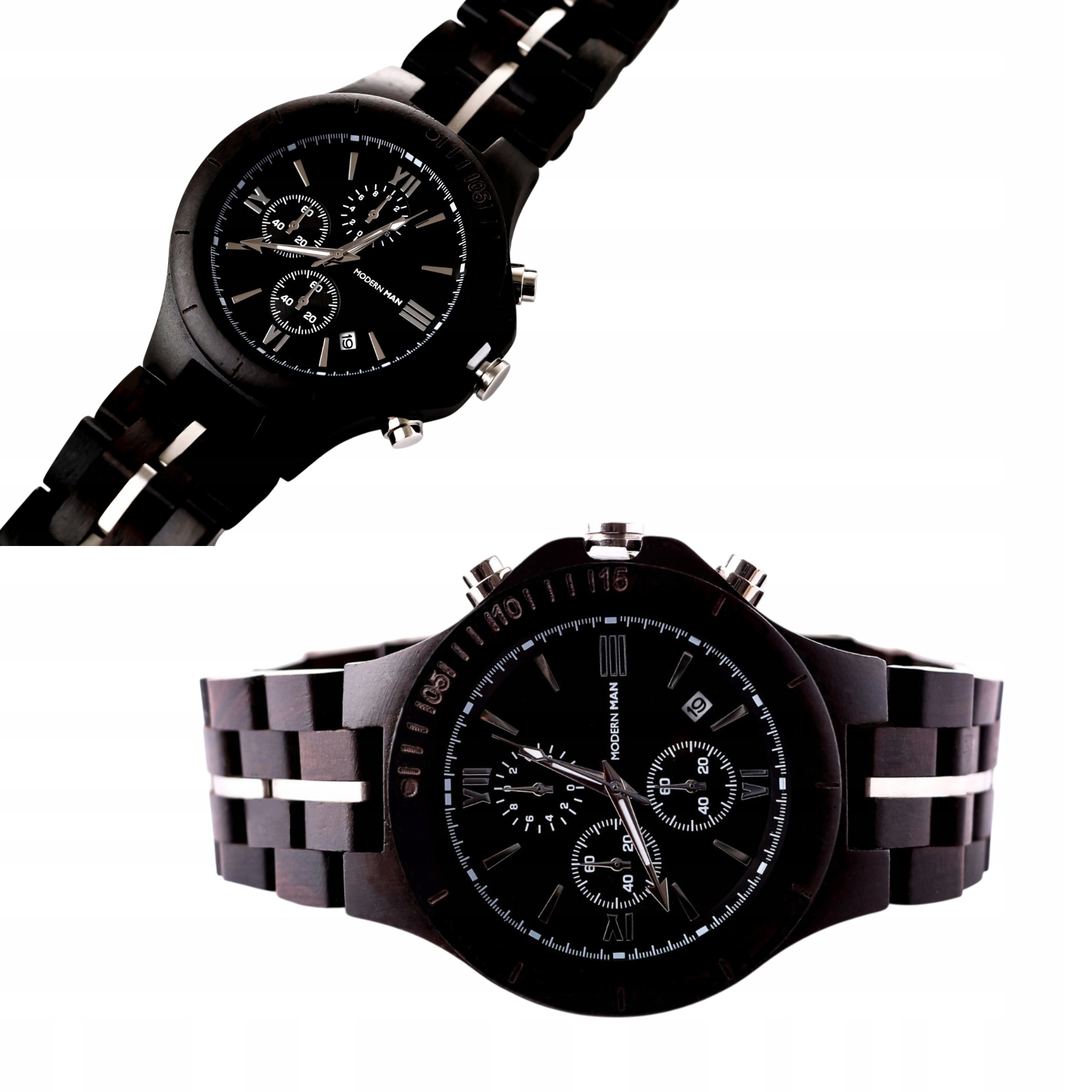 Pánské Hodinky Dřevěné Černé Stříbrné Elegantní Modernmanský Dárek