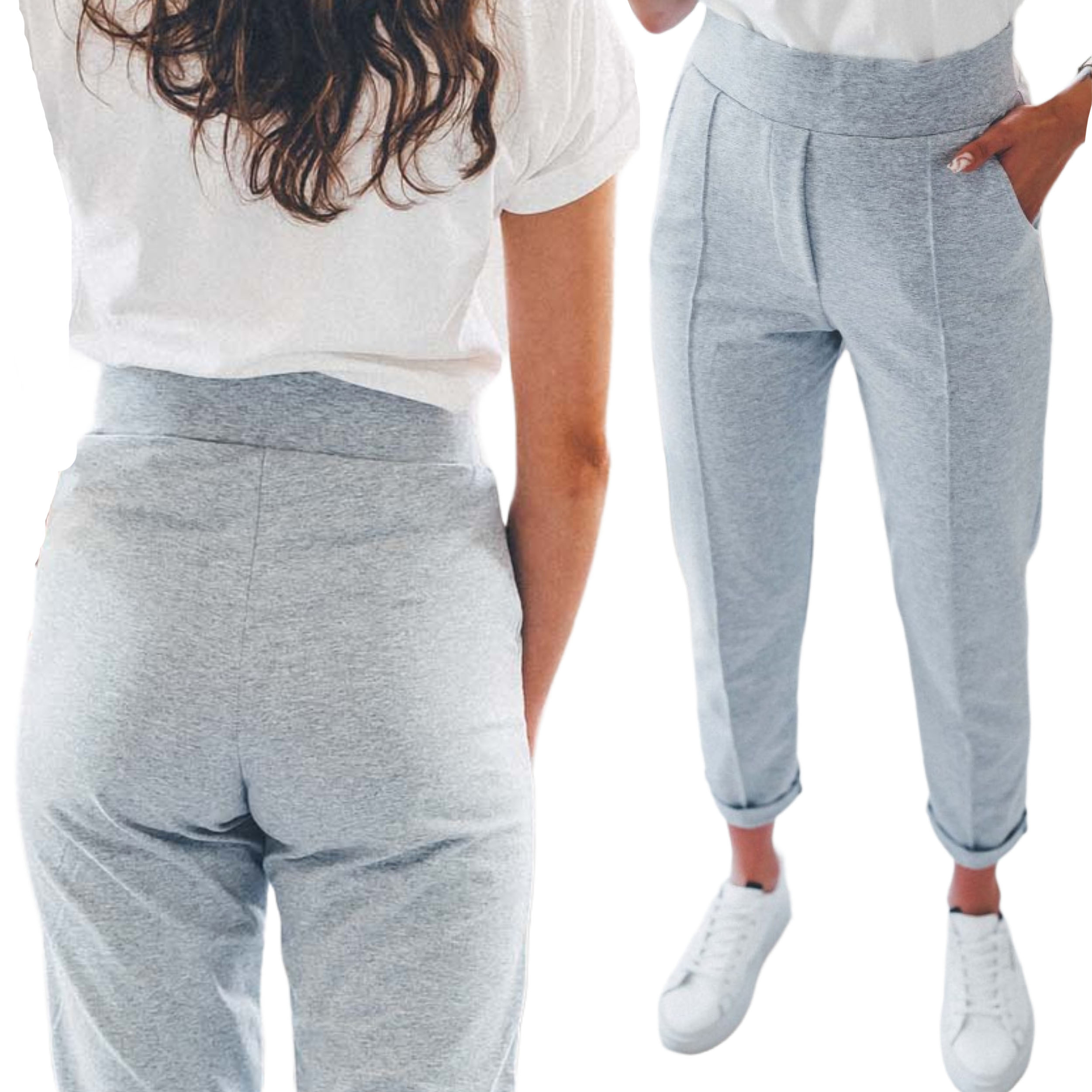 Bavlněné dámské kalhoty na ramínka, šedé tepláky, velikost L