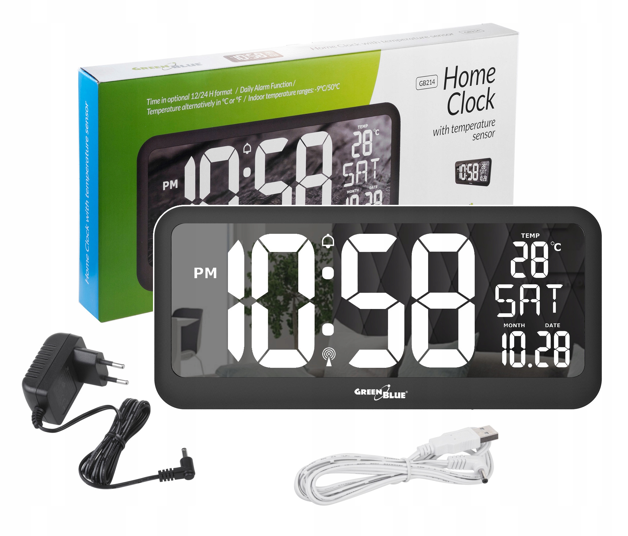 

Duży Zegar Ścienny LCD Z Termometrem Budzik Data