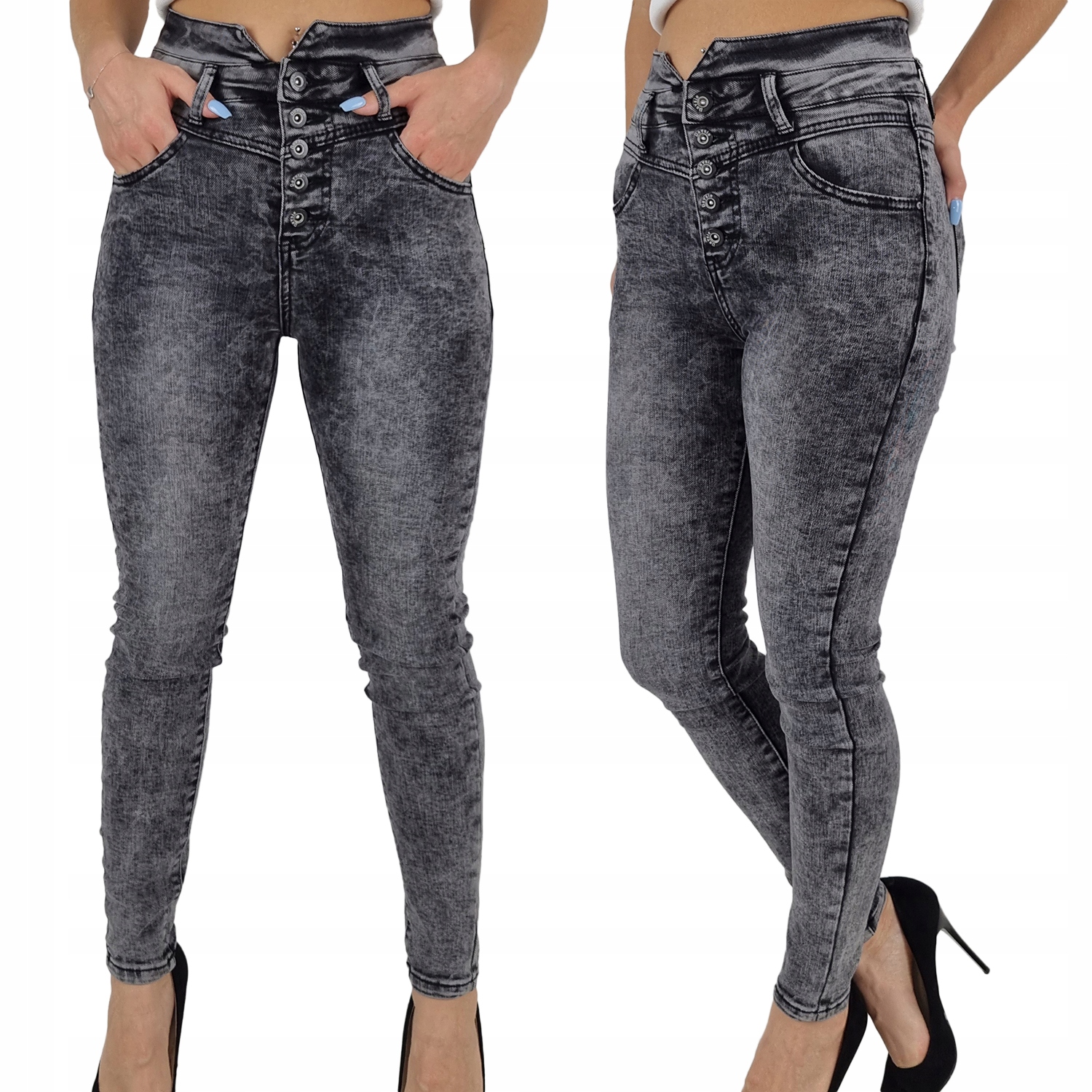 

Damskie Spodnie Jeansowe Guziki Wysoki Stan Grey