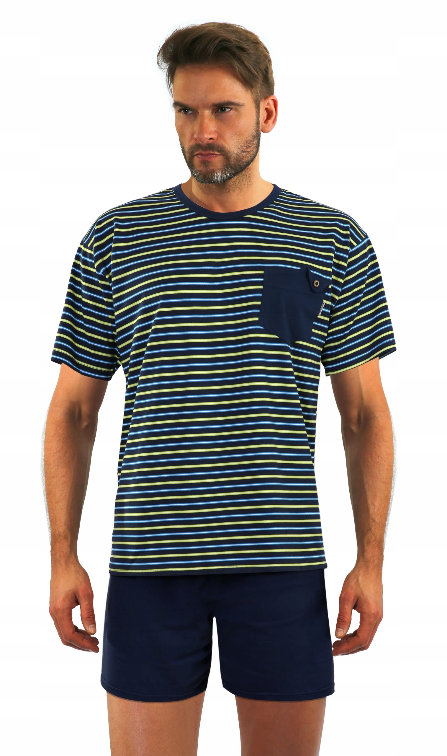 Sesto Senso Pánské krátké pruhované pyžamo s kapsou námořnická modrá vzor 05 K67L 4XL