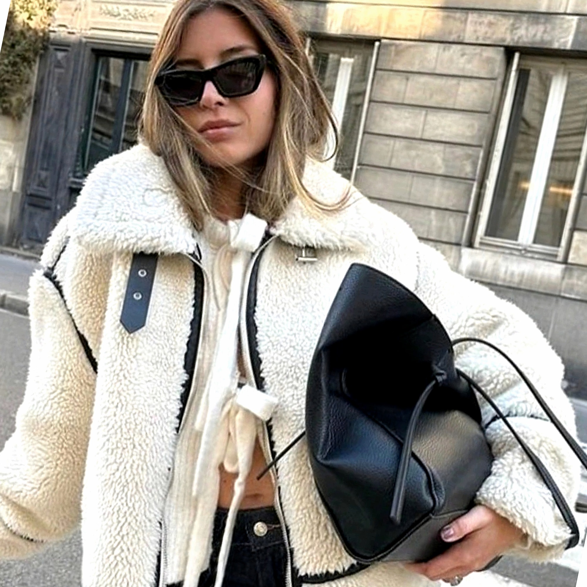 Dámská ekokožíšková bunda Kožešina Shearling Aviator Ecru Volná S