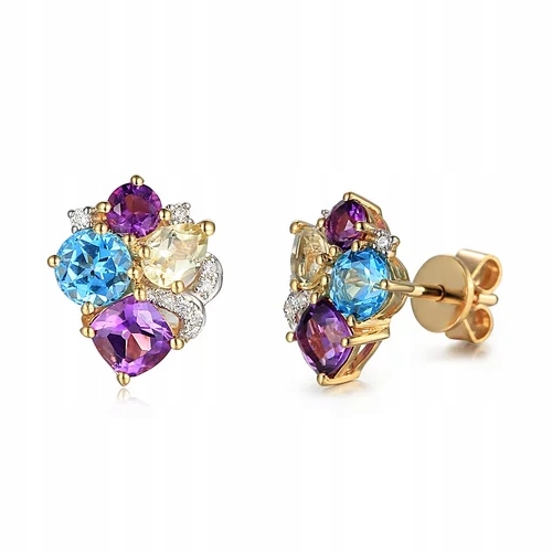 Zlaté 14K Náušnice Ametyst Topaz Brilianty Dýka