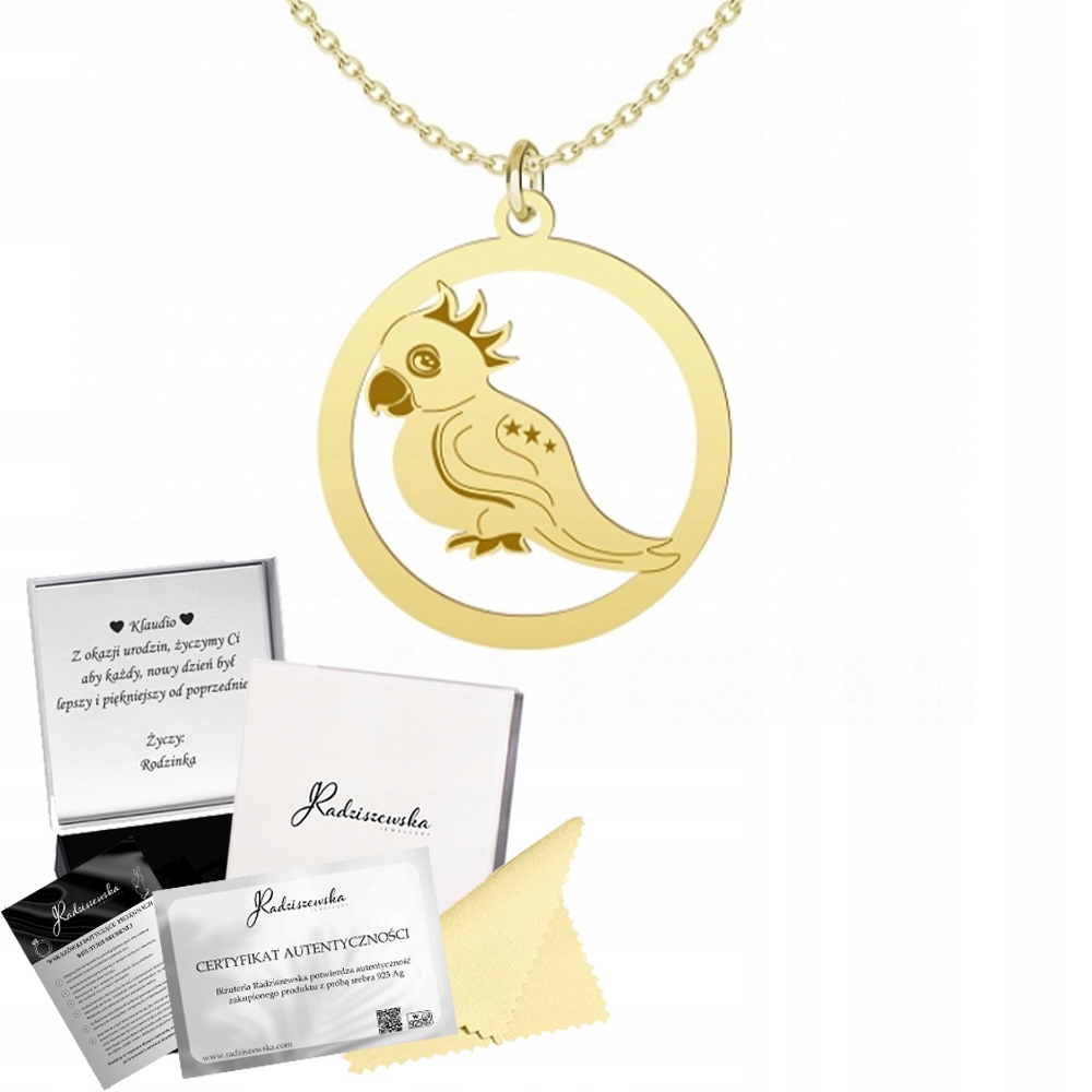 Zlatý náhrdelník s papouškem Stříbro 925 Řetízek Dedikace Gravírování Dárek