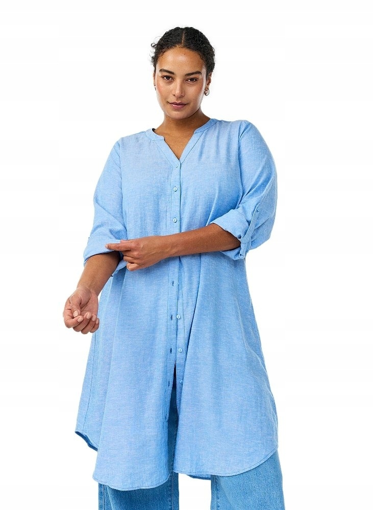 Plus Size Zizzi Modré Šaty Len Viskóza 077F 52