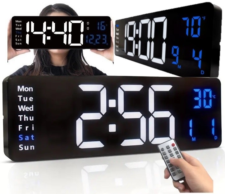 Velké Nástěnné Hodiny Moderní Digitální Led Budík Datum Teplota Dálkové Ovládání