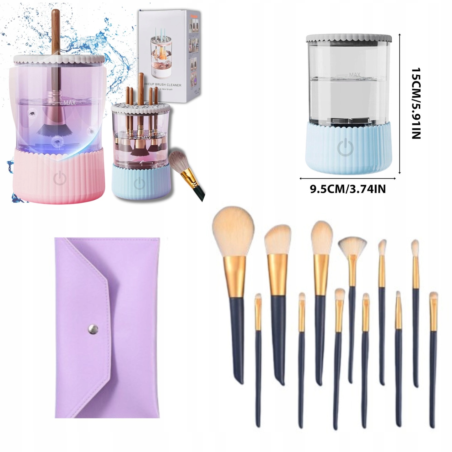 ZESTAW 12SZT PĘDZLI DO MAKIJAŻU + ETUI + MYJKA NIEBIESKA DO PĘDZLI ZESTAW