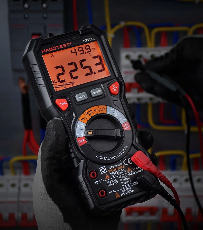 MULTIMETR RĘCZNY CYFROWY MIERNIK CIĄGŁOŚCI NAPIĘCIA RMS NCV WOLTOMIERZ LCD Model HT118A