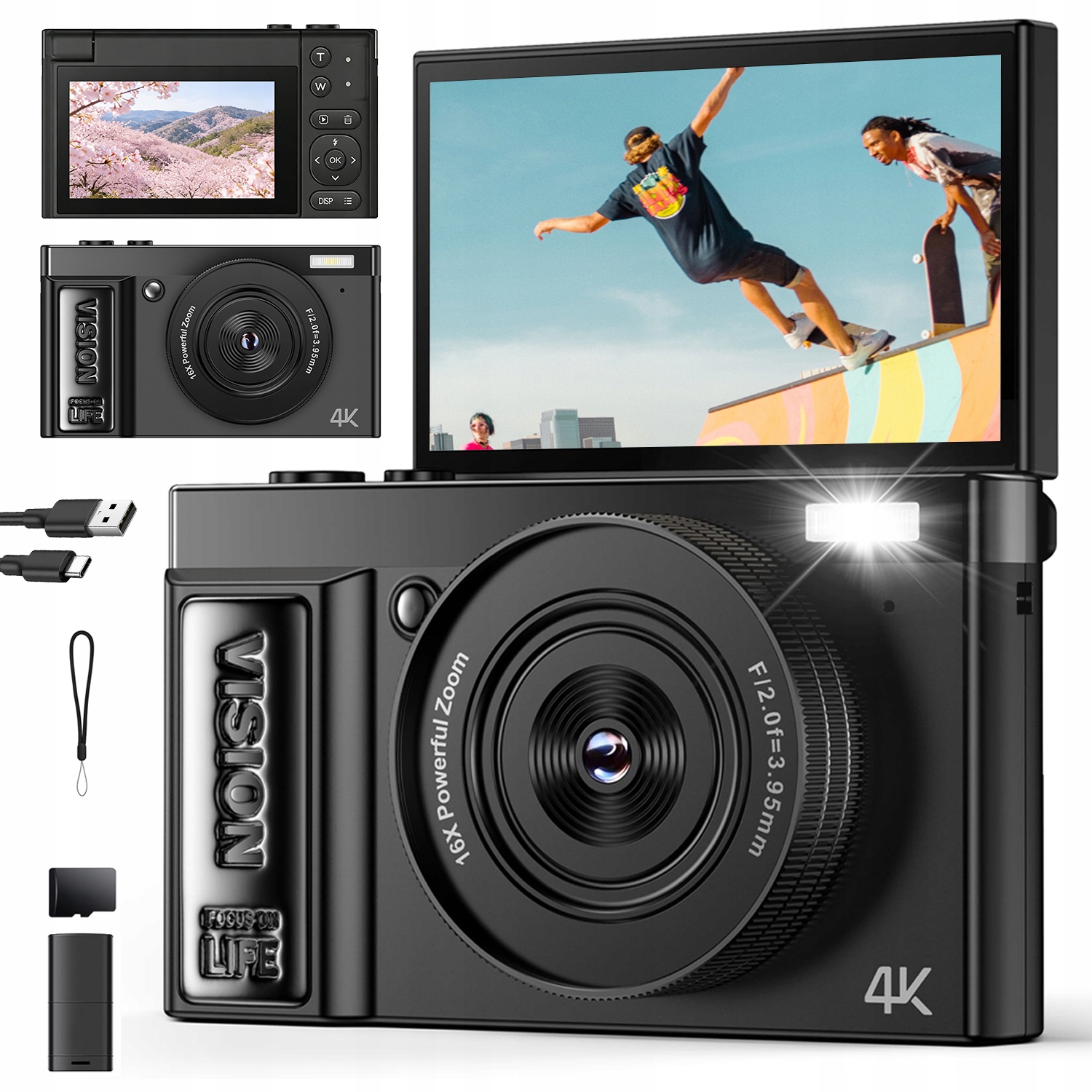 Digitální Fotoaparát 4K 64MP 16X Zoom Cestovní Kamera Kompaktní A Lehká