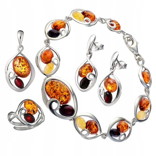 Stříbrný Komplet náramek přívěsek náušnice prstýnek z Jantarového Stříbro