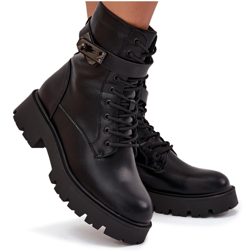 Kotníkové Boty Zateplené Na Zip Ozdobný Pásek Eko Kůže Černá 37