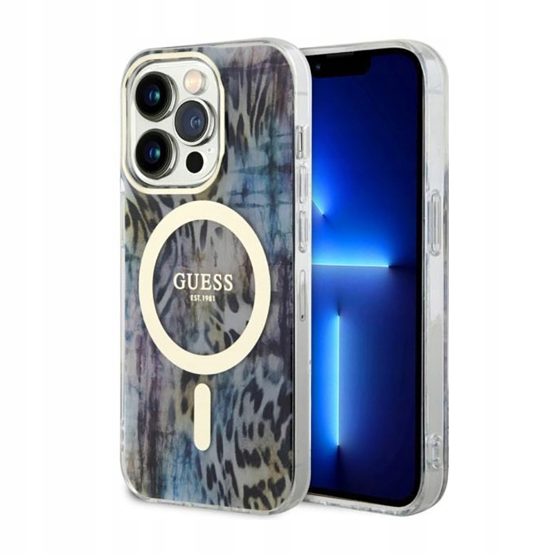Guess Leopard MagSafe Pouzdro pro iPhone 14 Pro (Modré)