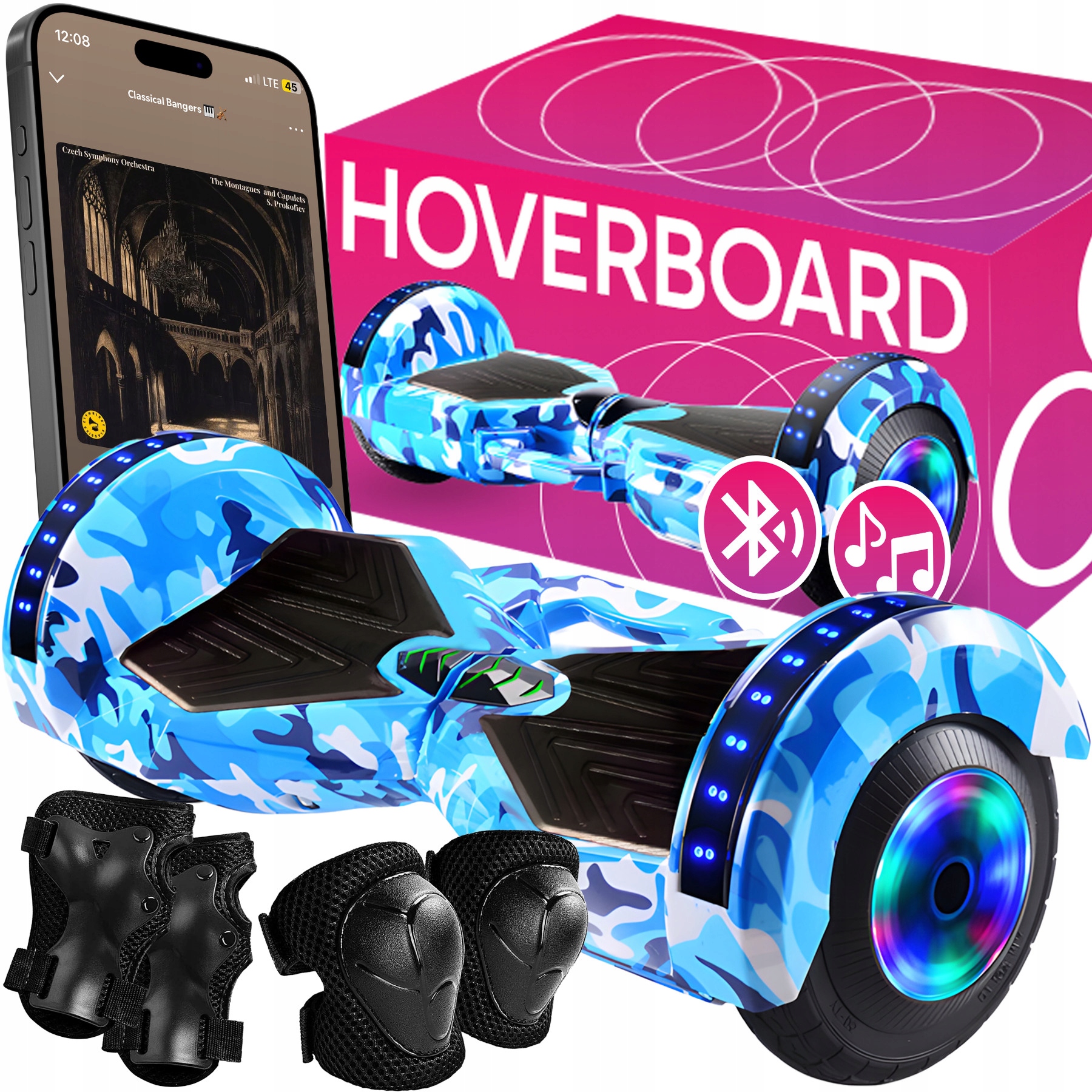 Hoverboard Deskorolka Elektryczna Led Deska Głośnik Bt 8 Cali Ochraniacze