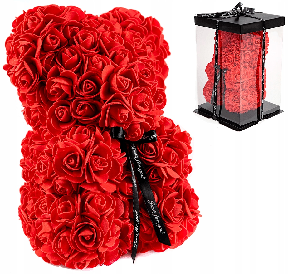 

Miś z róż 25cm z płatków róż Pudełko PREZENTowe