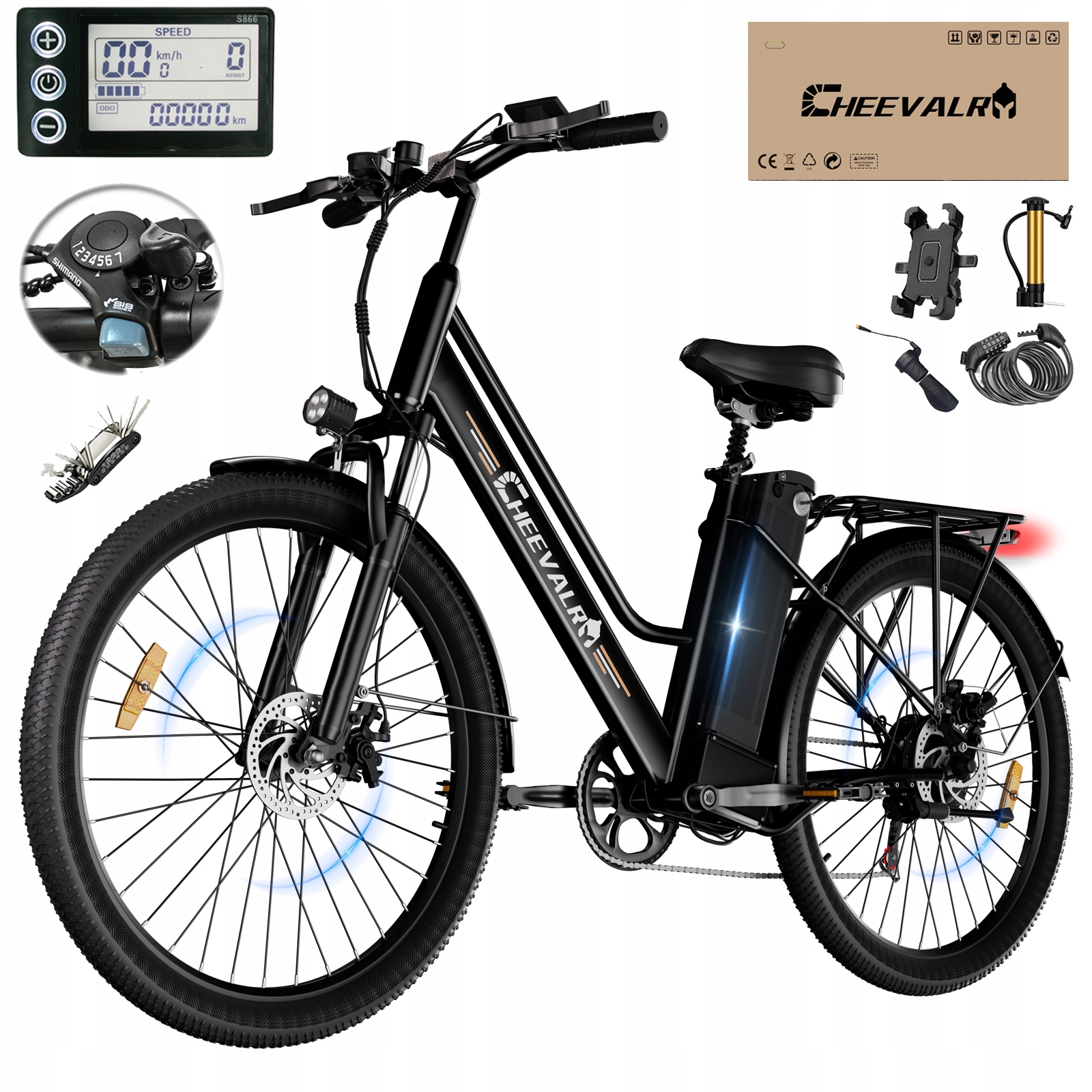 Rower elektryczny miejski 250W 20AH 120KM Cheevalry 26" E-bike Męski/Damski