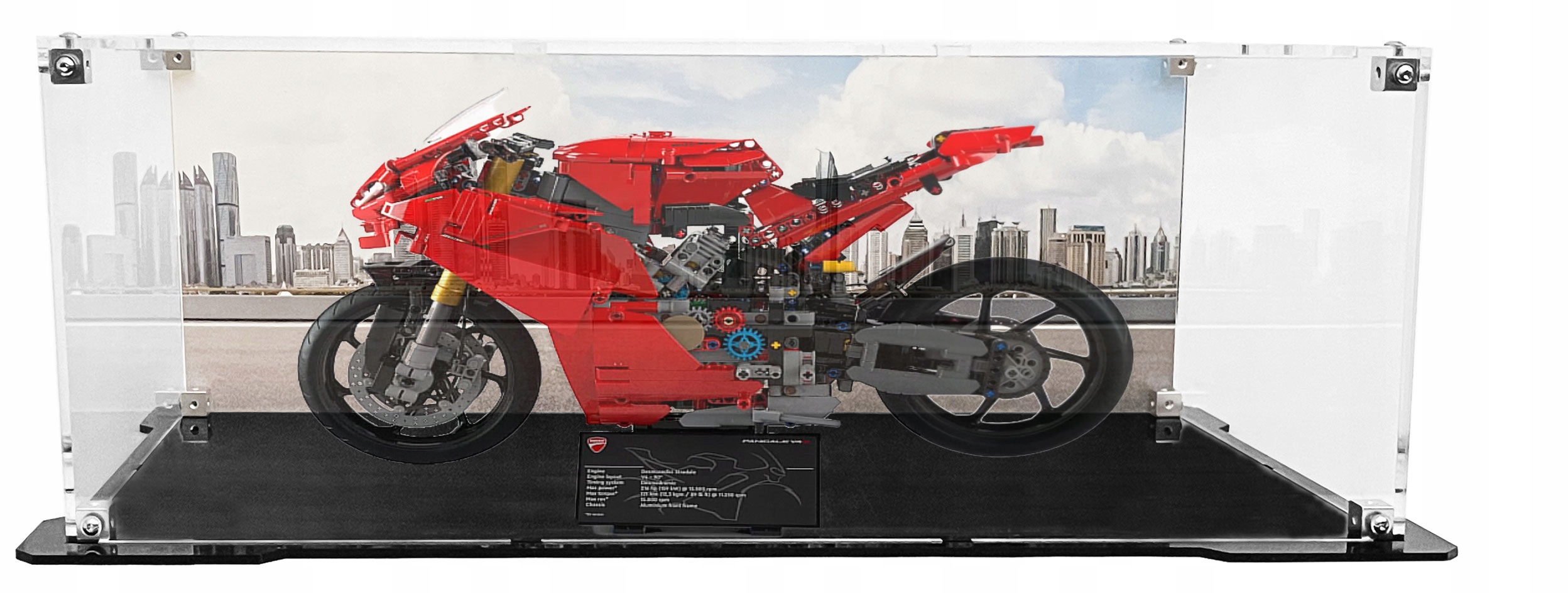 Vitrína s černou základnou a pozadím pro sadu Lego 42202 Motocykl Ducati