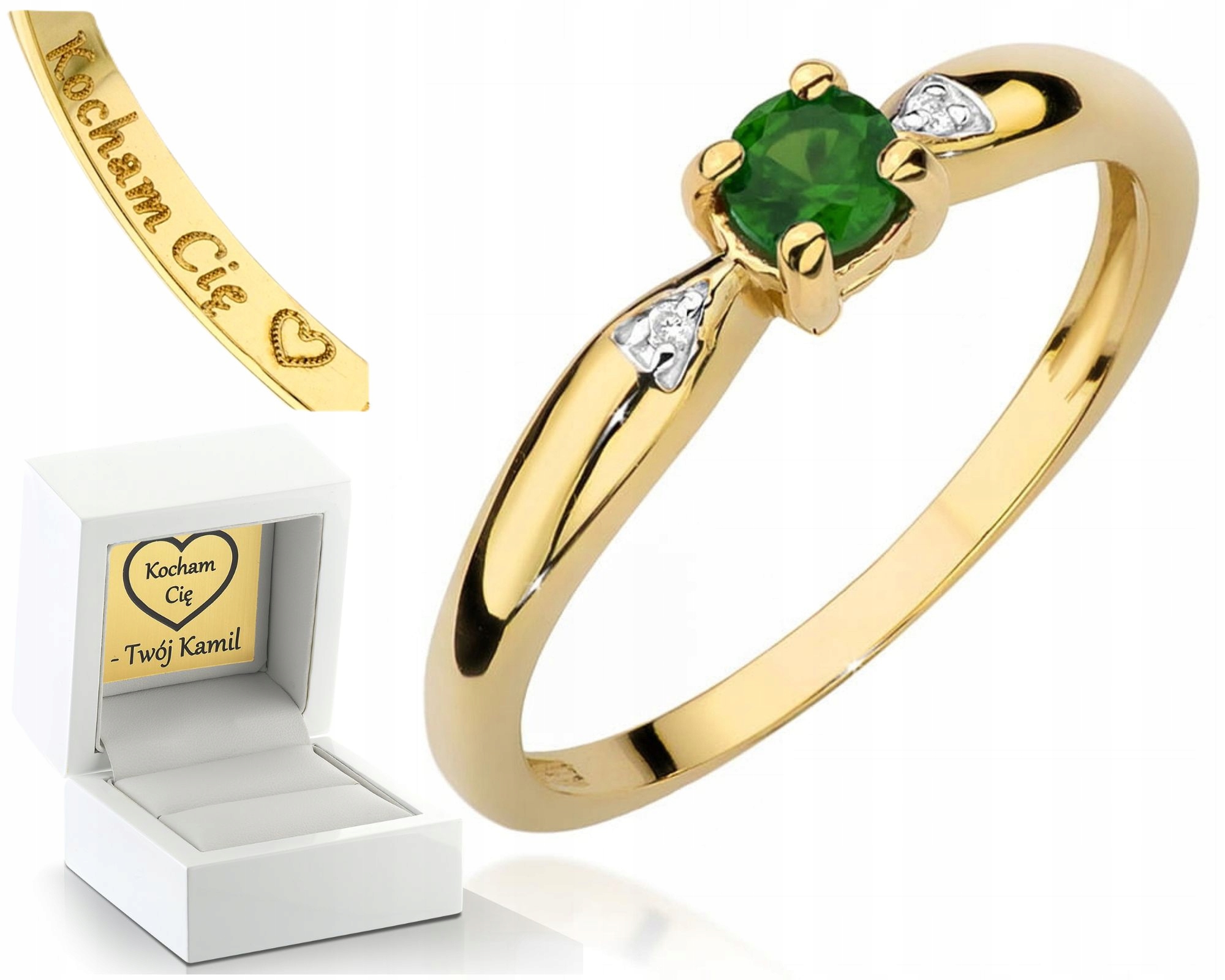 Zlatý Prstýnek Smaragd Se Smaragdem A Diamanty S Gravírou Do Gravírování 585