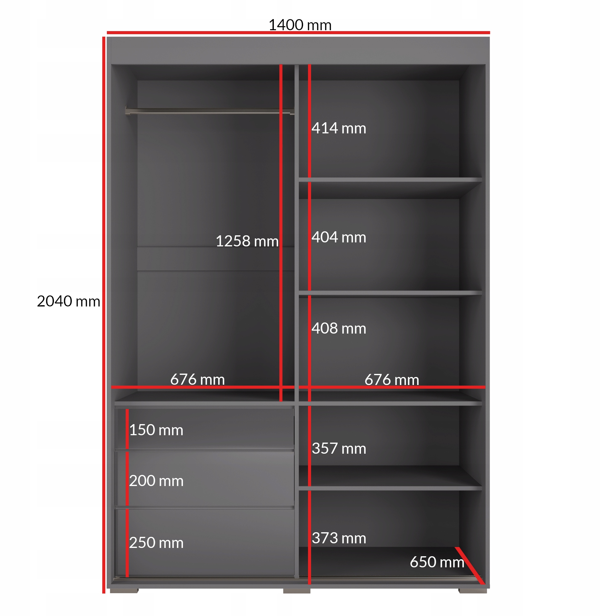 Szafa przesuwna z szufladami Torino 2D 140 Szara (lacobel)