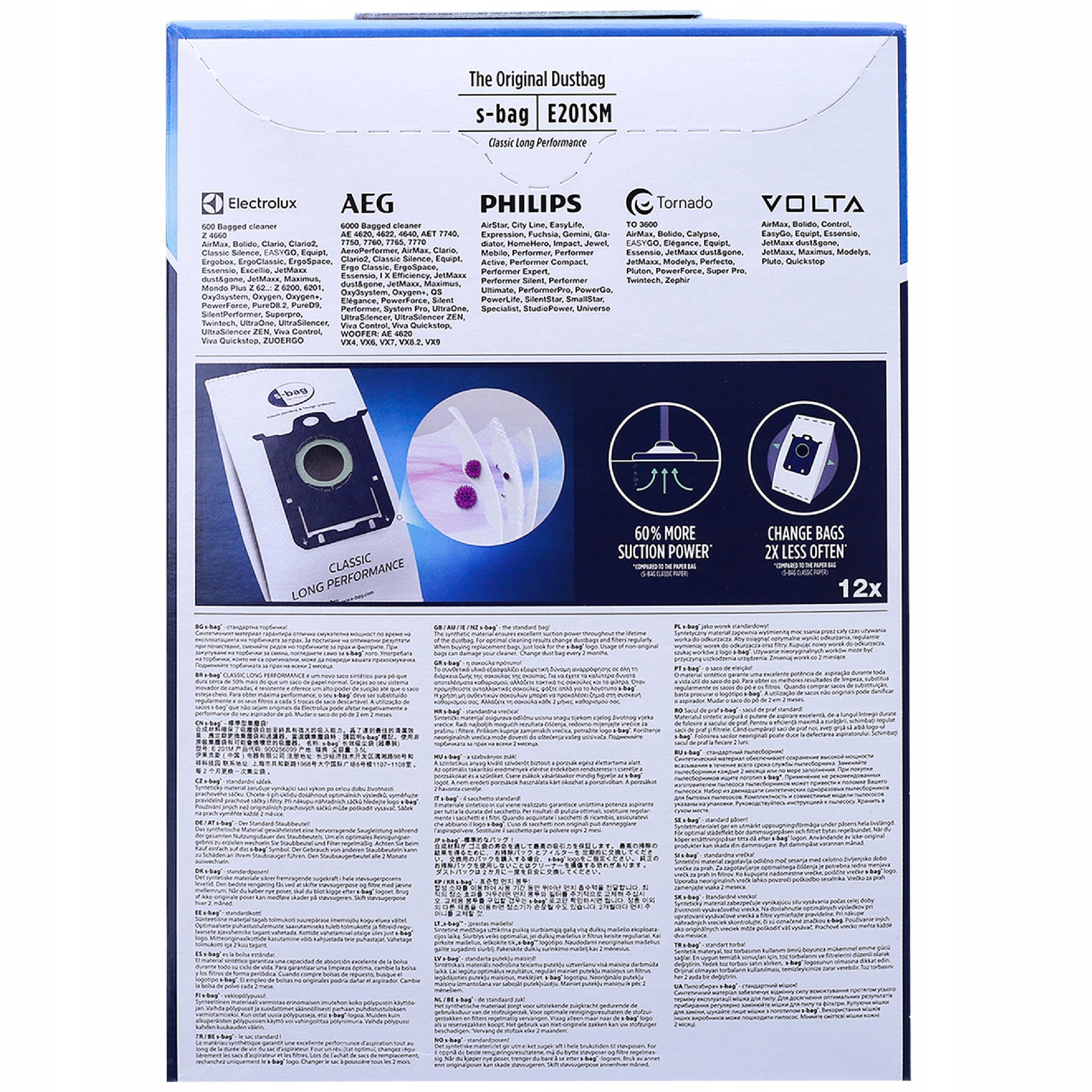 Worki Oryginał S-BAG E201SM Classic Long Performance 12szt + Filtr Hepa Producent Electrolux