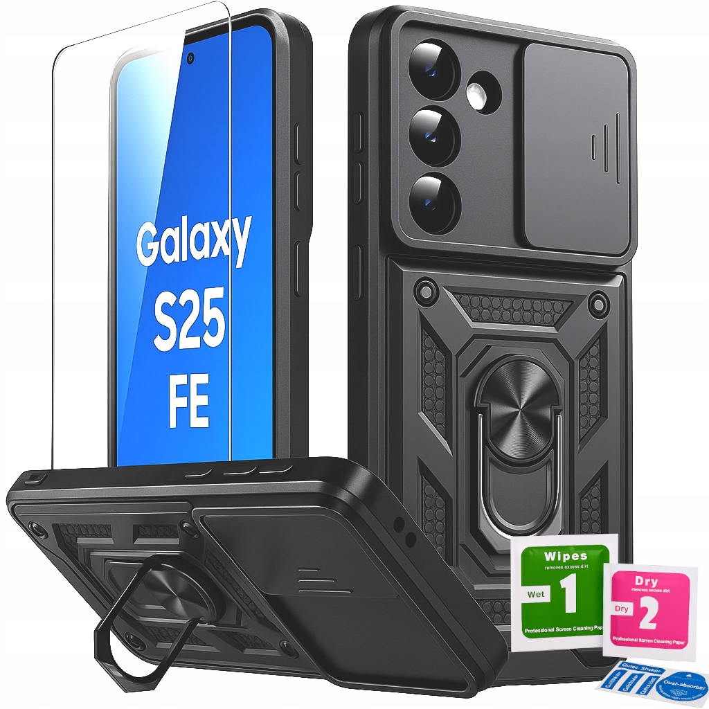 Etui Do Samsung Galaxy S25 Fe 5G Pancerne Slide Ring Case Czarne Szkło 9H