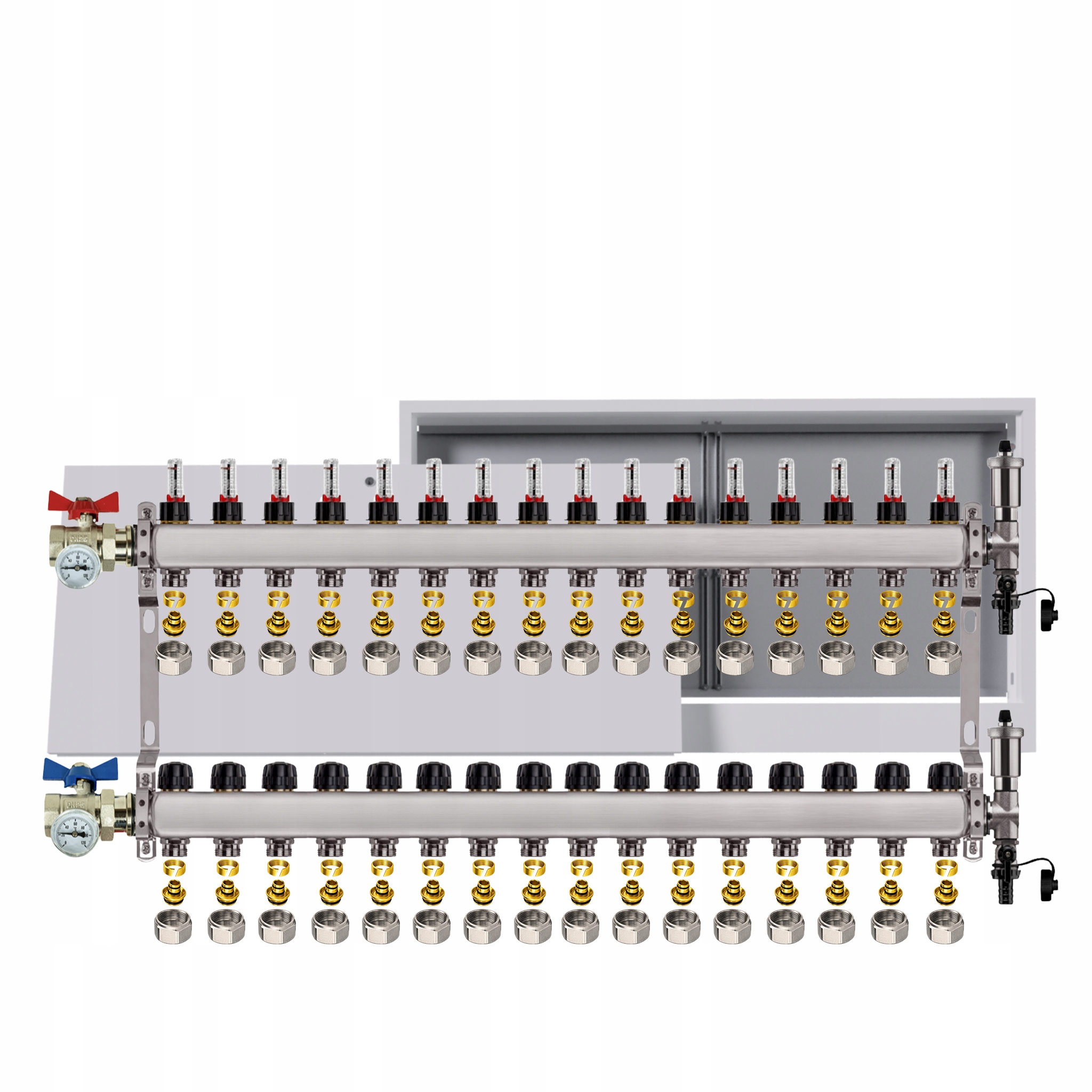 Nerezový rozdělovač Podlahovky 16 okruhů box ventily Pex