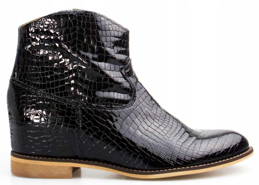 Černé Lakované Kotníkové Boty Koturn Krokodýl Kůže 39
