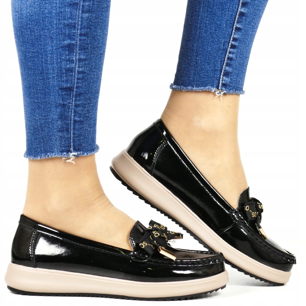 Dámské Kožené Mokasíny S Mašličkou Na Platformě, Černý Zasouvací Lak