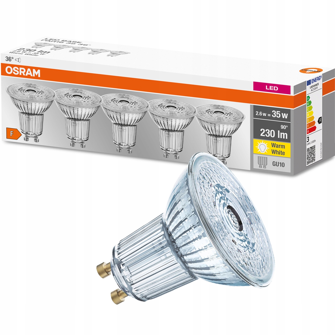 5x Żarówka LED GU10 2,3W=35W 2700K 36D BASE OSRAM