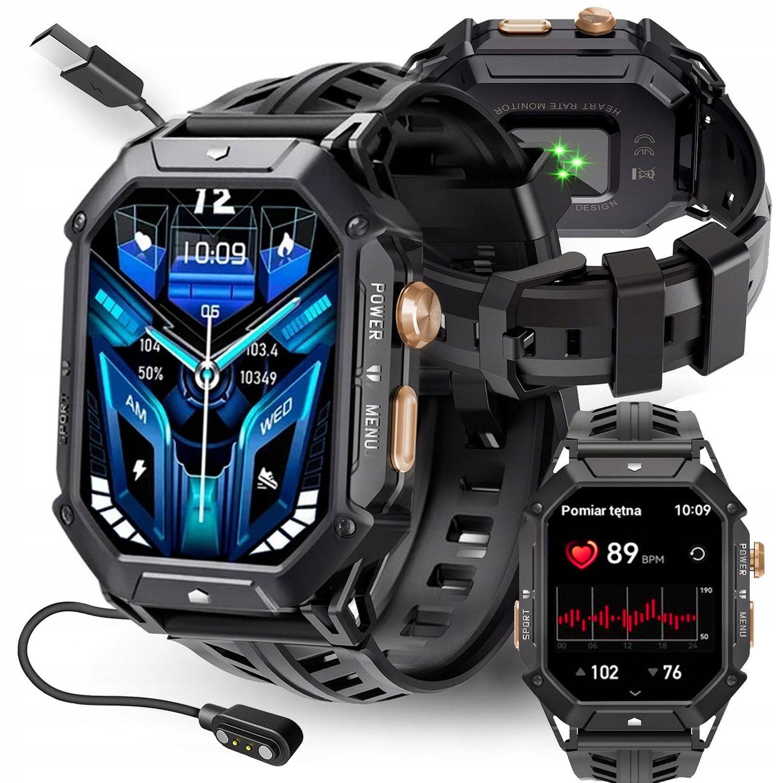 Smartwatch Męski Militarny Wodoodporny Rozmowy Polskie Menu Amoled 1000mAh