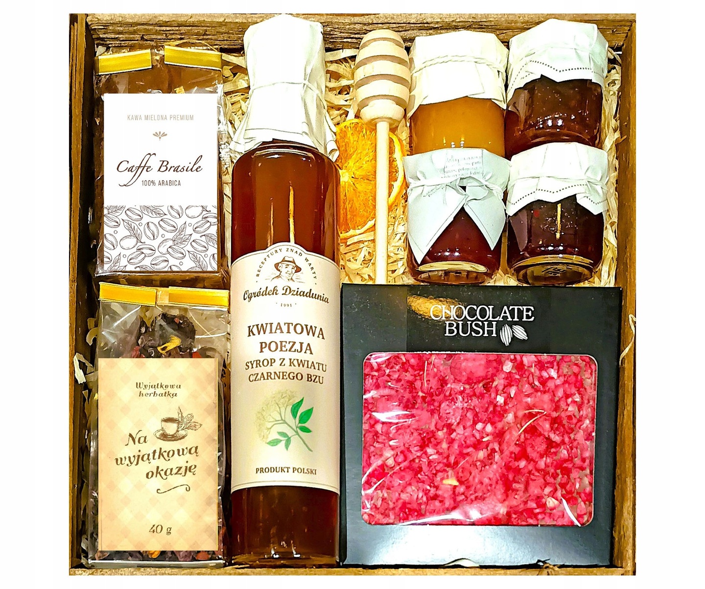 Levně Velký Koš Dárkový Box Dárek Med Čaj Sirup Džemy Káva