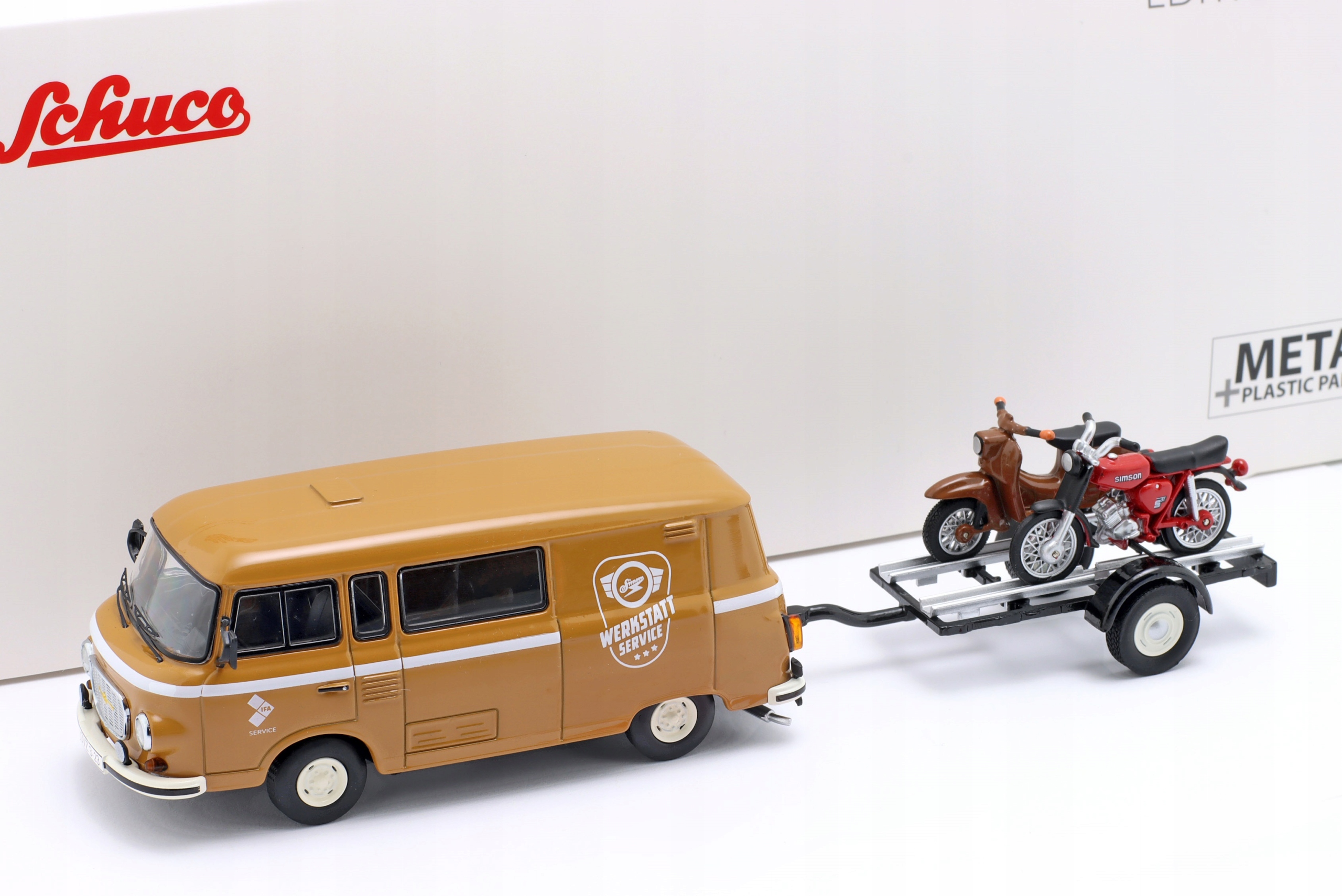 Schuco Barkas B1000 Van Service 1965 Odtahovka 2 motorky 1:43